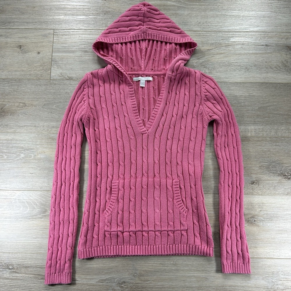 Old Navy Small‎ Pink Cable Knit Hooded Sweater 90s Y2K